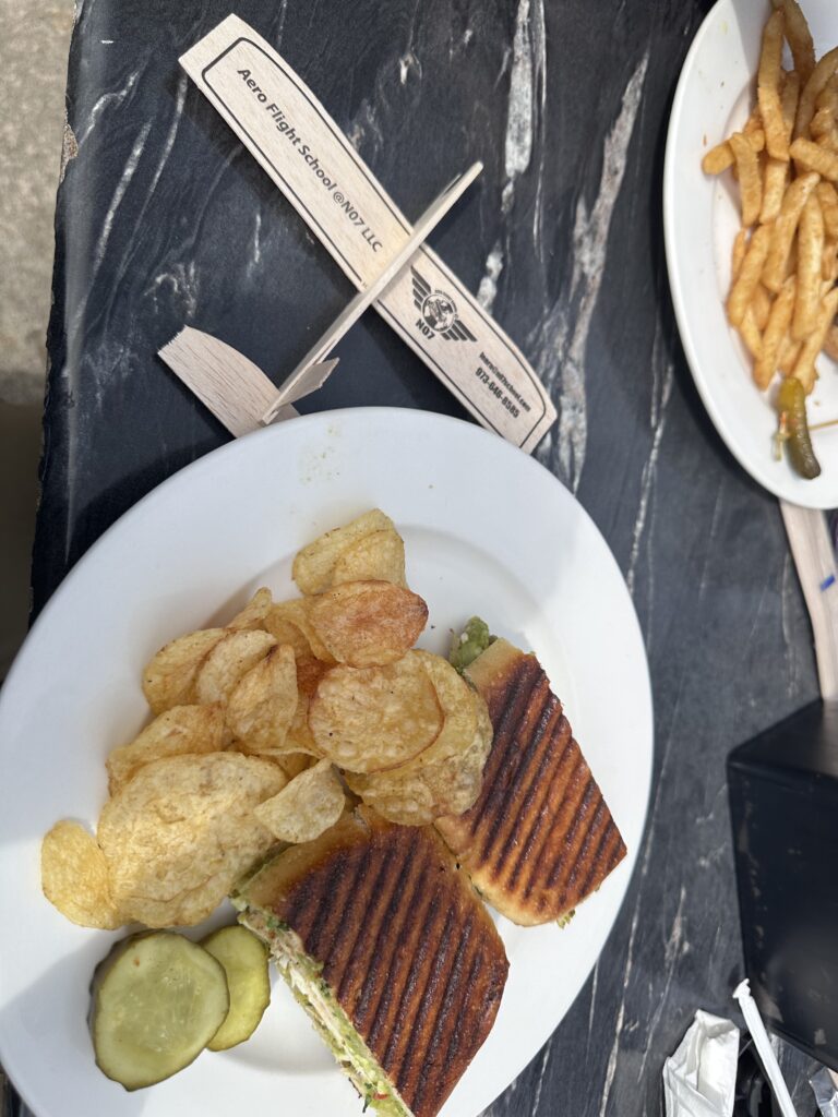 Sandwich, chips, pickles, fries, and wooden airplane.
