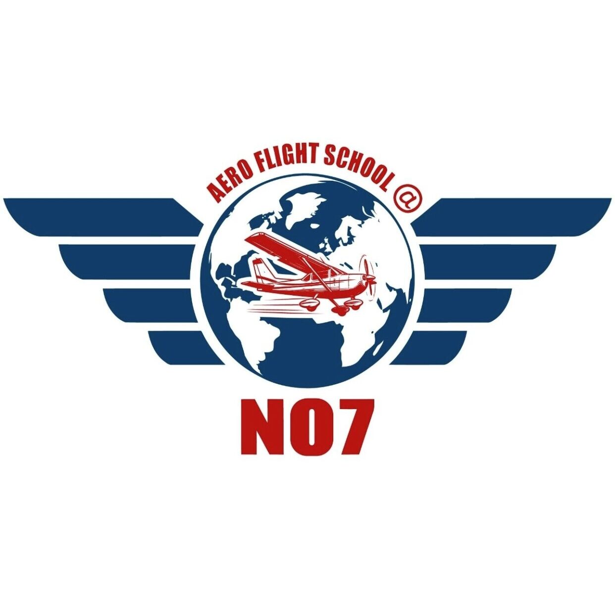 Aeroplane logo with wings and globe.